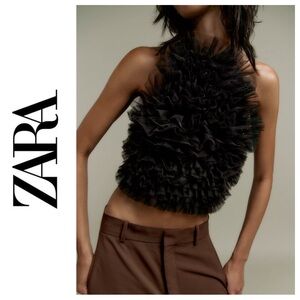 Zara Ruffle Tulle Halter Top size Medium Black